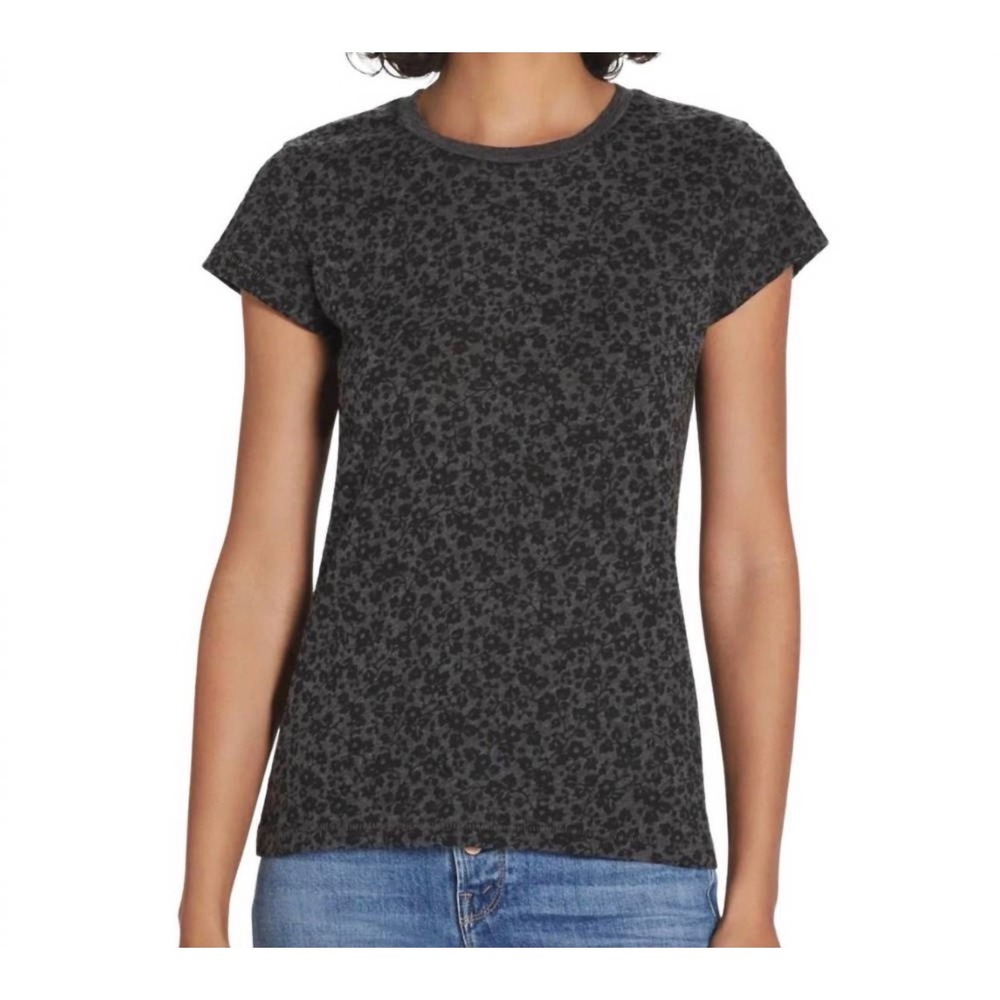 Goldie‎ Lewinter Floral Print Tee Women Large Grey Pima Cotton Cap Sleeve
